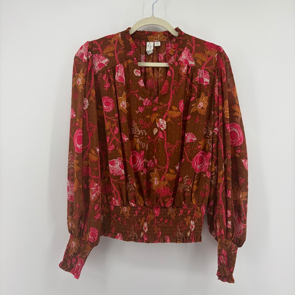 Joie Womens Medium Brown Pink Floral Swiss Dot Smocked Blouse V-Neck Top
